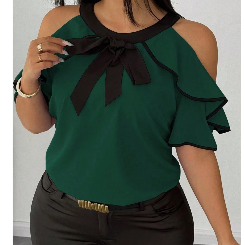 Plus Color Block Cold Shoulder Ruffle Detail Short Sleeve Blouse - Picture 1 of 11